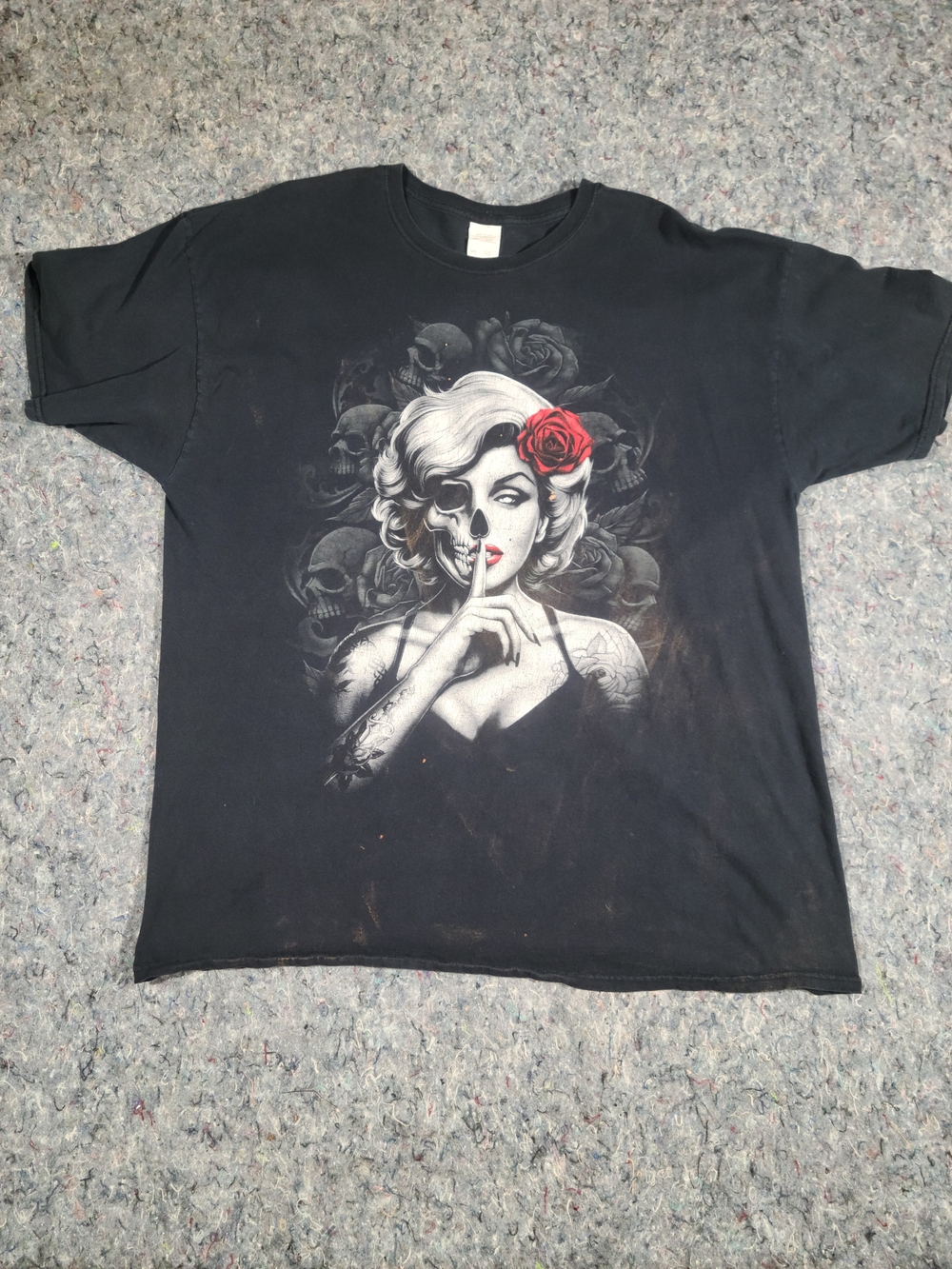 Black Skull Rose Tattoo Graphic Tee 2XL Goth Grunge Pinup